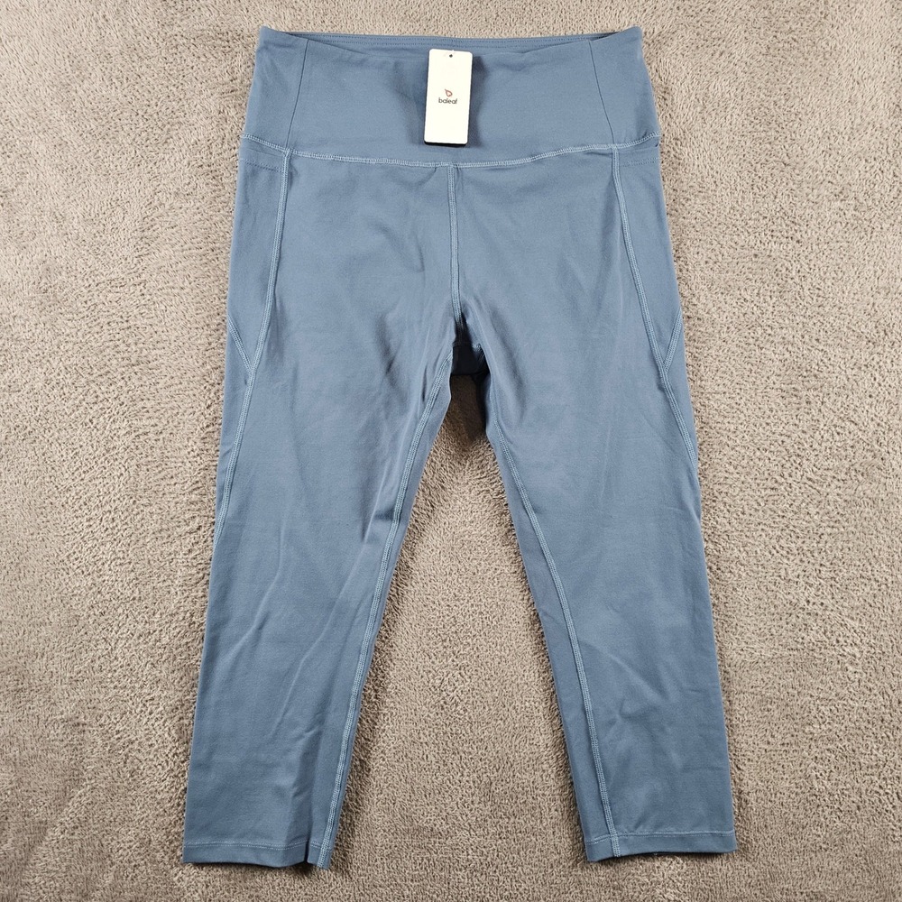 Baleaf Womens High Waisted Capri Leggings Dusty Blue Activewear Size L NEW